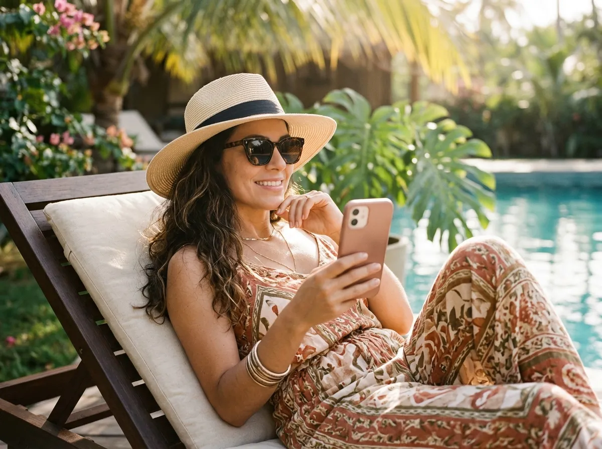 Mulher de chapéu de palha sorrindo enquanto olha o celular à beira da piscina
