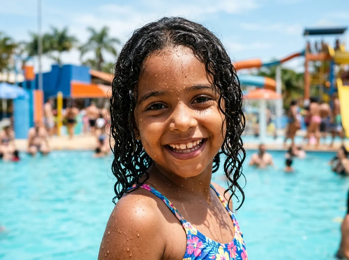 Menina sorrindo com o cabelo molhado num parque aquático