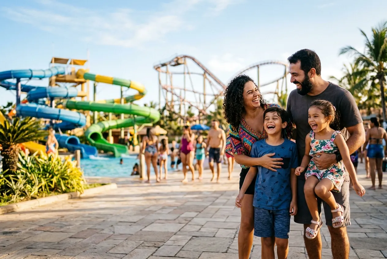 Família rindo junta num parque aquático num dia de sol