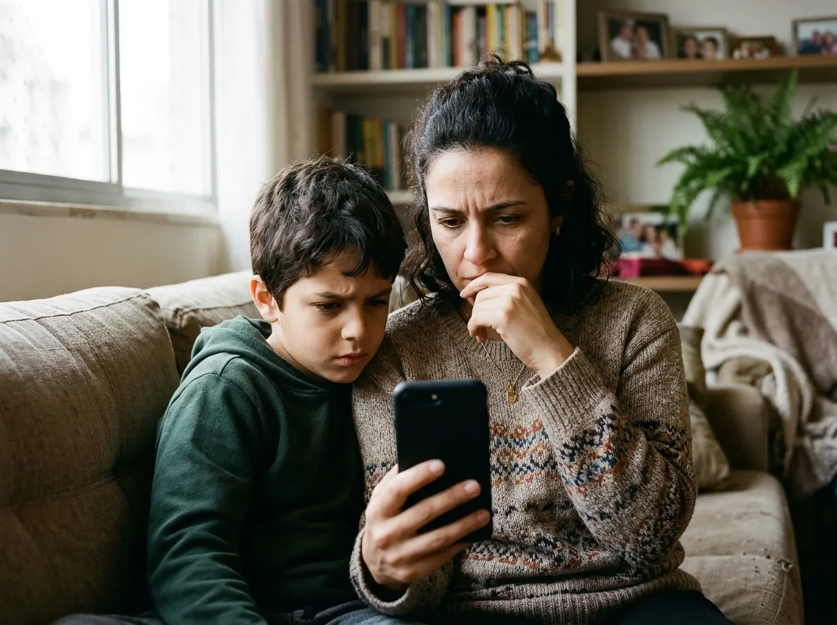 Mãe preocupada e filho olhando juntos o celular no sofá