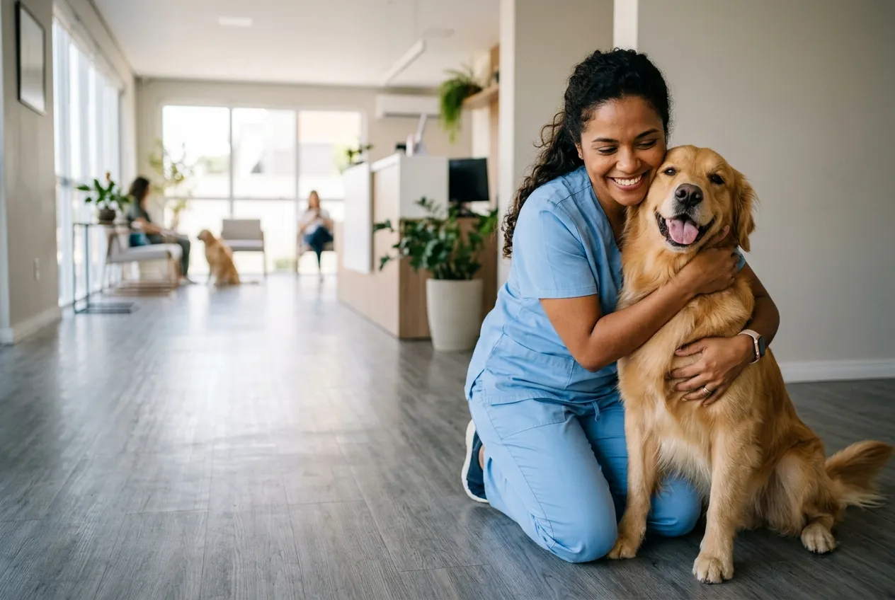 Veterinária sorrindo e abraçando um golden retriever numa clínica clara